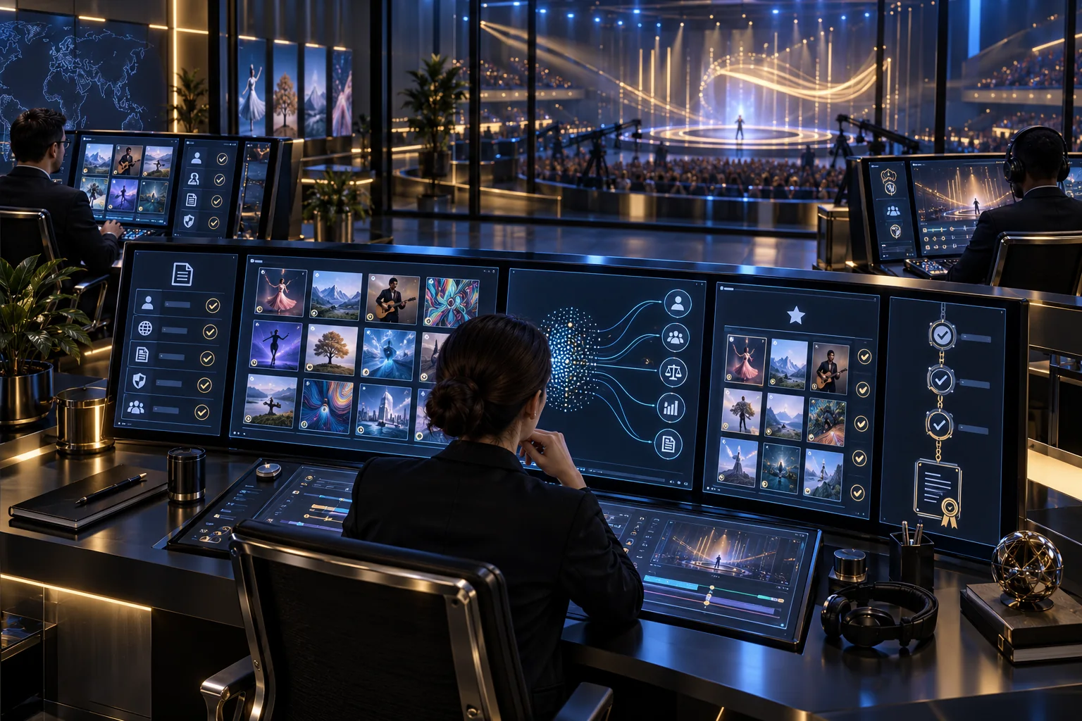 Event producers viewing creative work on screens beside a live stage — concept artwork