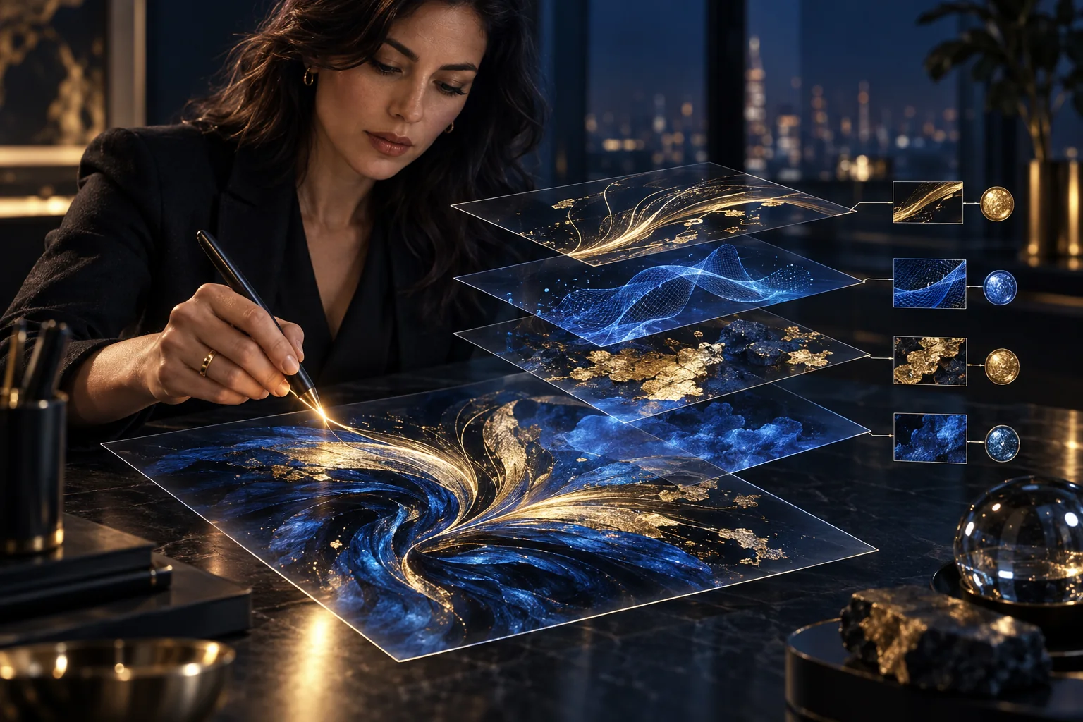 A creator drawing a blue-and-gold artwork with a stylus — concept artwork